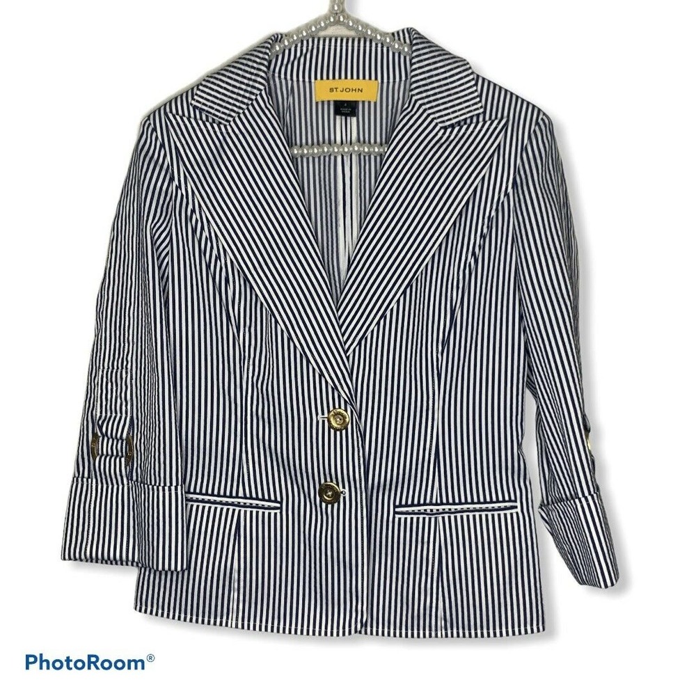 St John women's striped navy white cotton blazer size 4